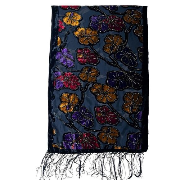 Black Velvet Scarf/Shawl Shoulder Cover Up Rectangle W/Fringe Floral Beaded - Picture 9 of 10